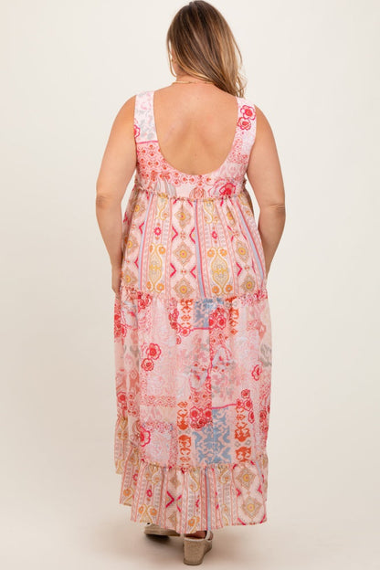Peach Abstract Printed Plus Maternity Maxi Dress