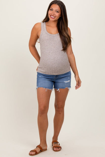 Blue High Rise Distressed Maternity Shorts