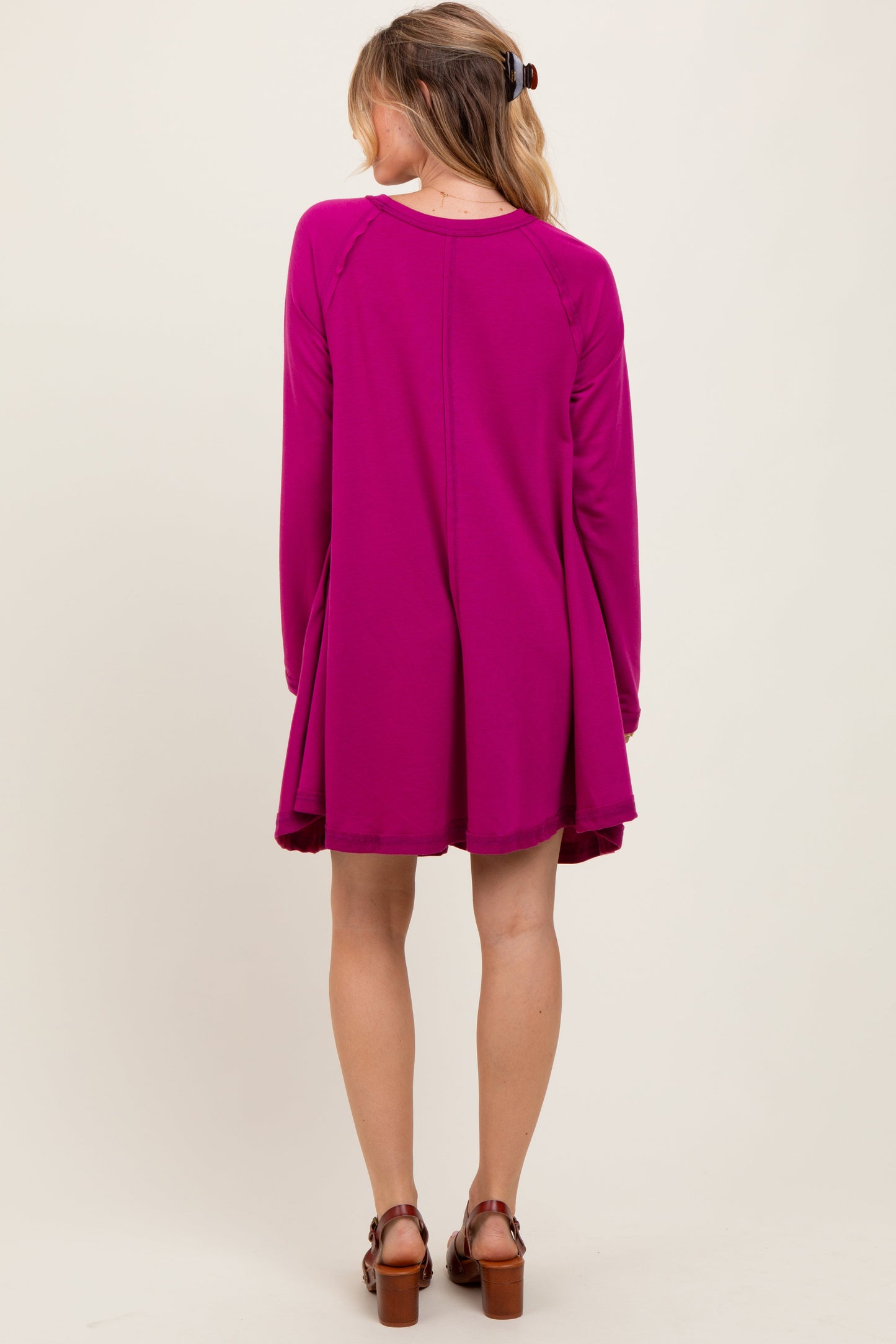 Magenta Crew Neck Flared Fit Long Sleeve Mini Dress