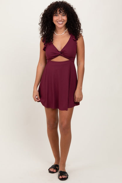 Burgundy Ribbed Ruffle Twist Front Swim Dress