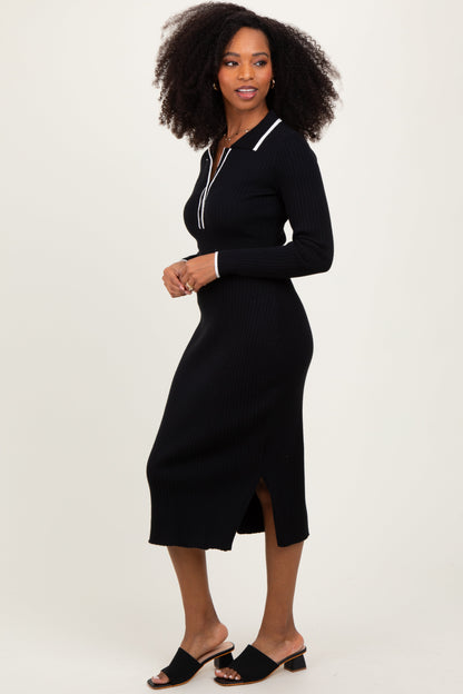 Black White Trim Collared Fitted Dress