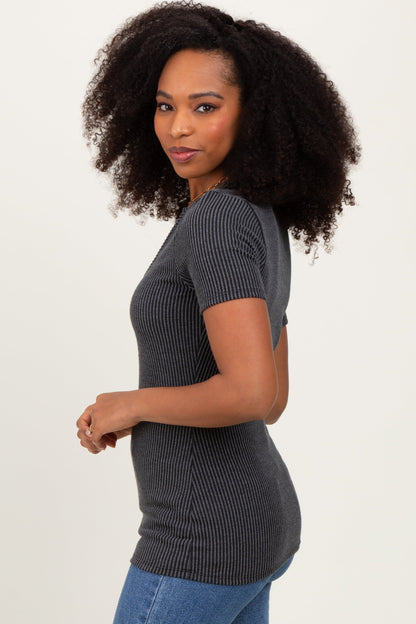 Charcoal Solid Ribbed Short Sleeve Round Neck Basic Top