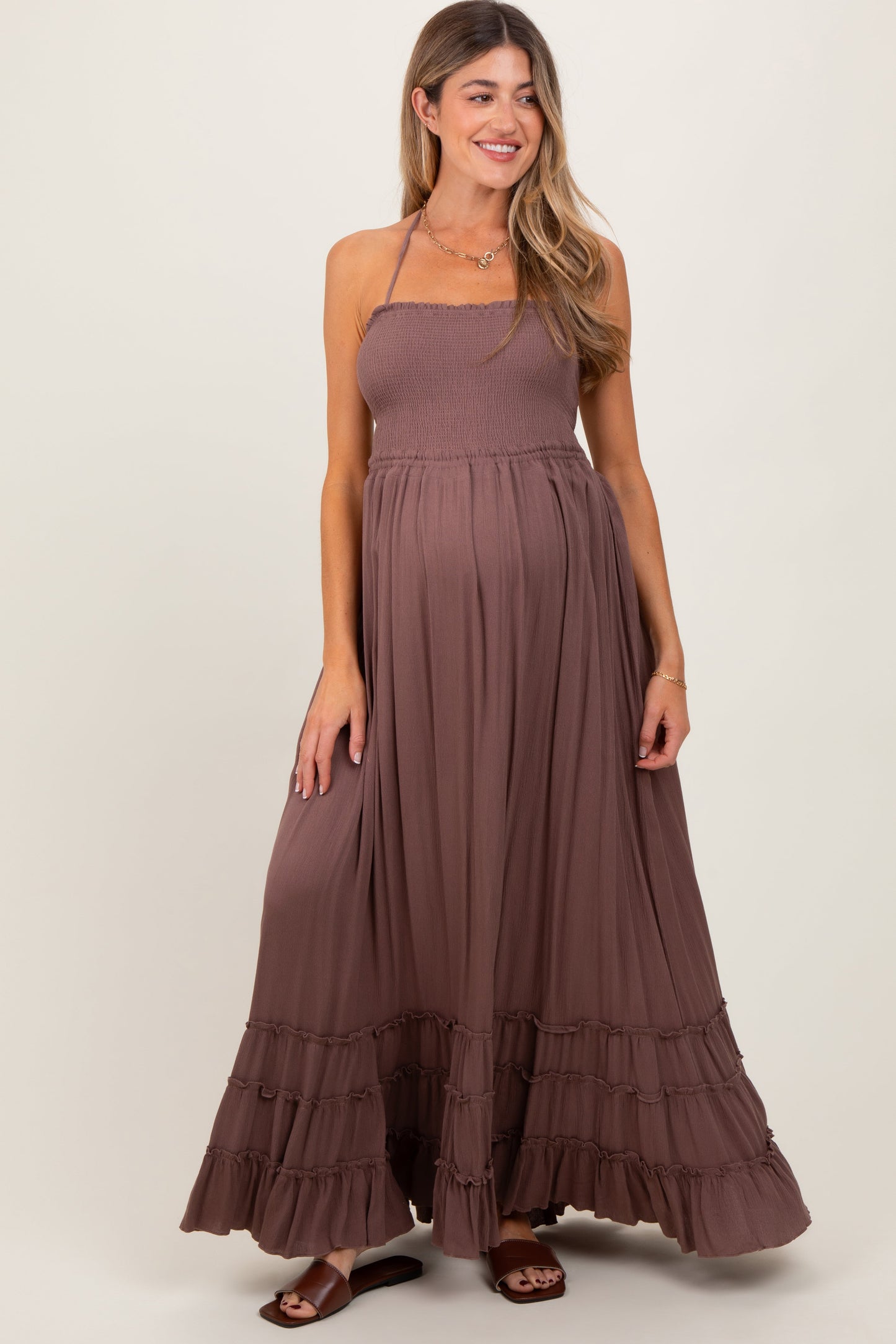 Mocha Smocked Woven Maternity Maxi Dress
