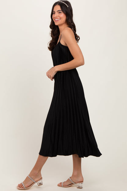 Black Pleated Sash Tie Midi Dress