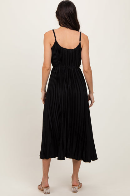 Black Pleated Sash Tie Midi Dress