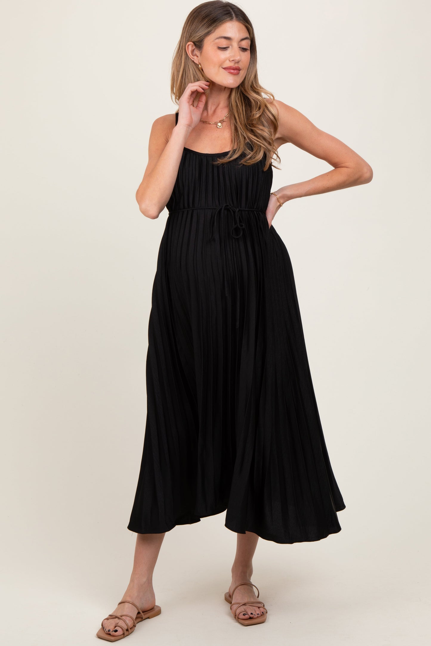 Black Pleated Sash Tie Maternity Midi Dress