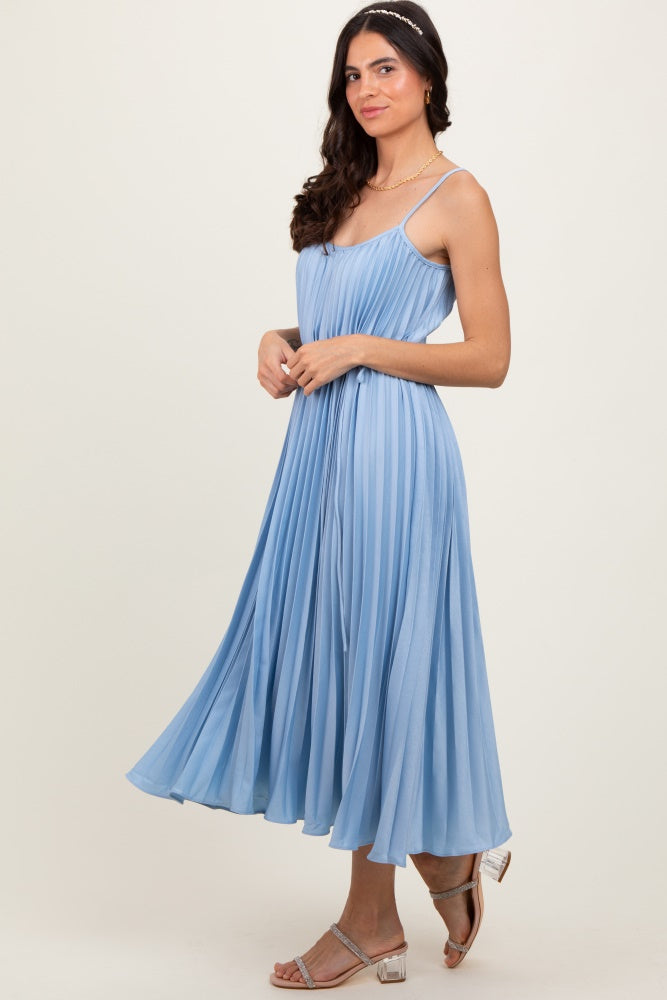 Light Blue Pleated Sash Tie Midi Dress