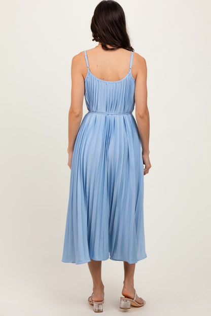 Light Blue Pleated Sash Tie Midi Dress