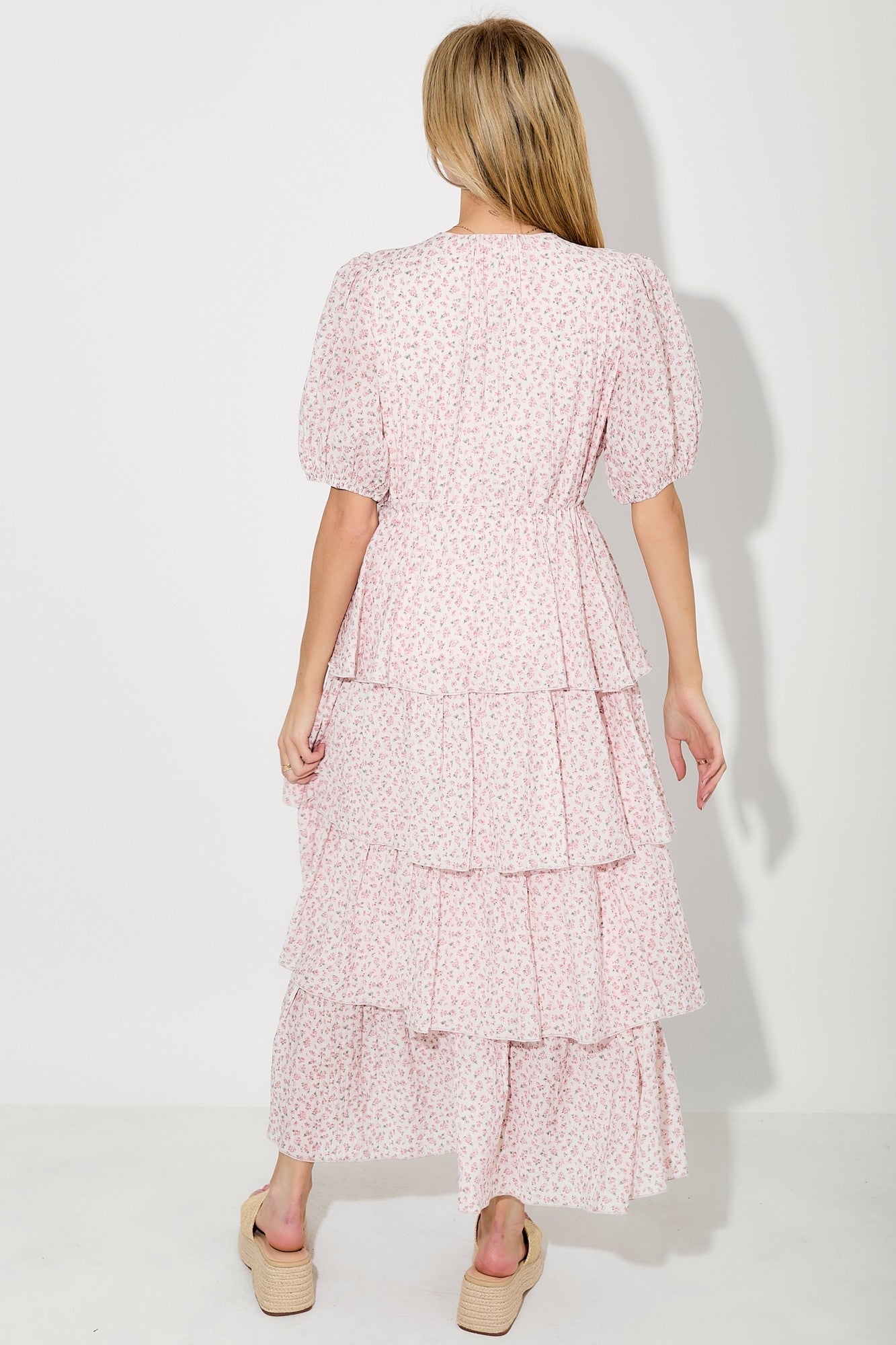 Light Pink Floral Ruffle Tiered Maxi Dress