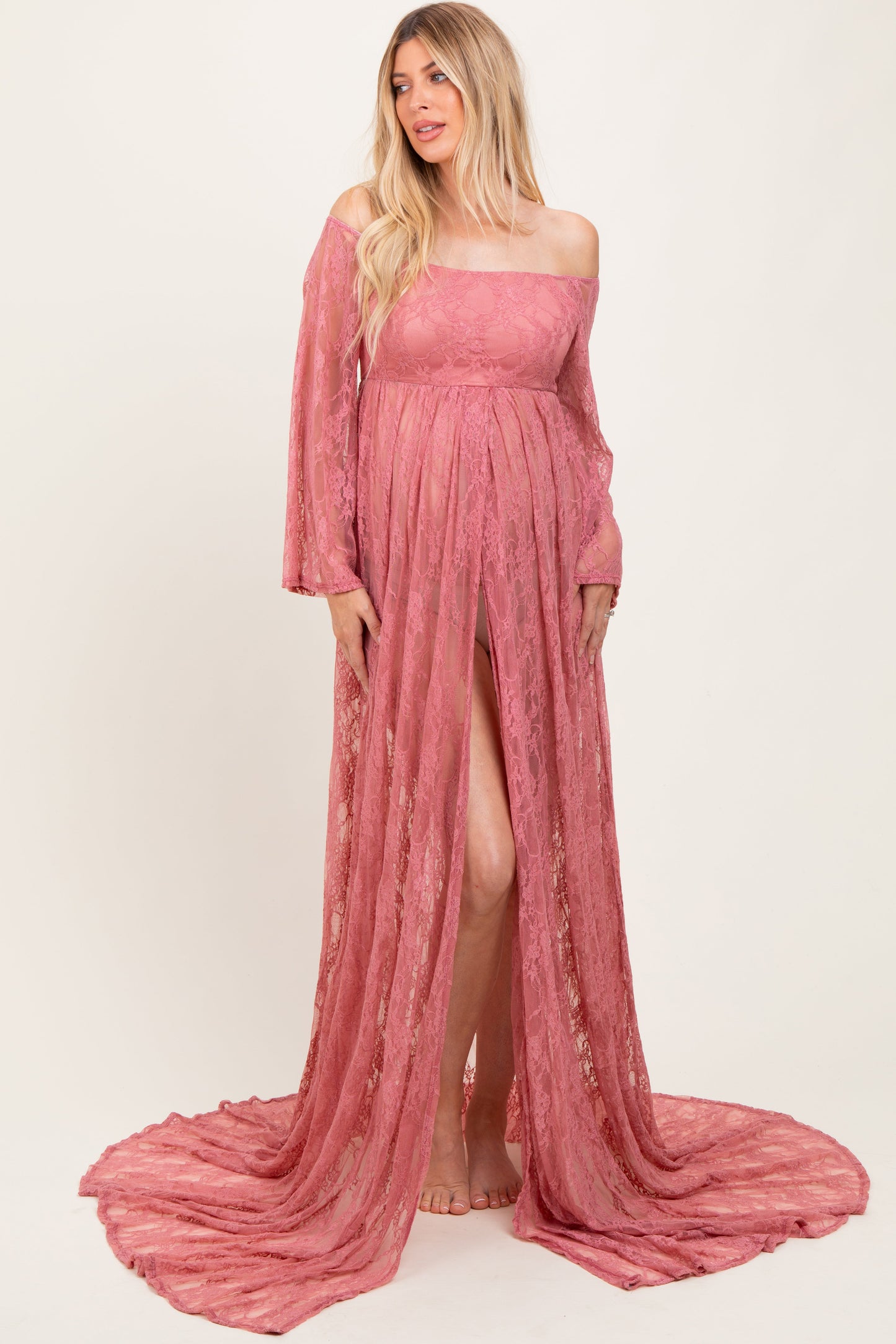 Mauve Lace Long Sleeve Off Shoulder Slit Draped Maternity Photoshoot Dress