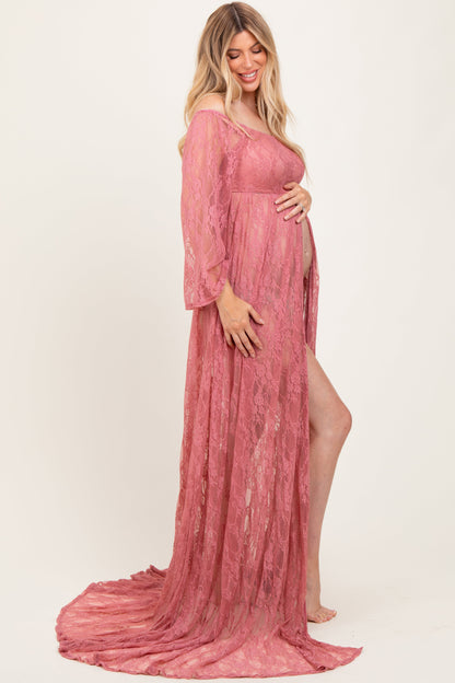Mauve Lace Long Sleeve Off Shoulder Slit Draped Maternity Photoshoot Dress