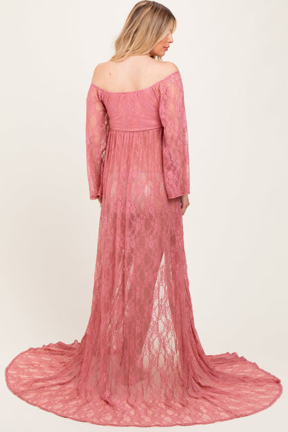 Mauve Lace Long Sleeve Off Shoulder Slit Draped Maternity Photoshoot Dress