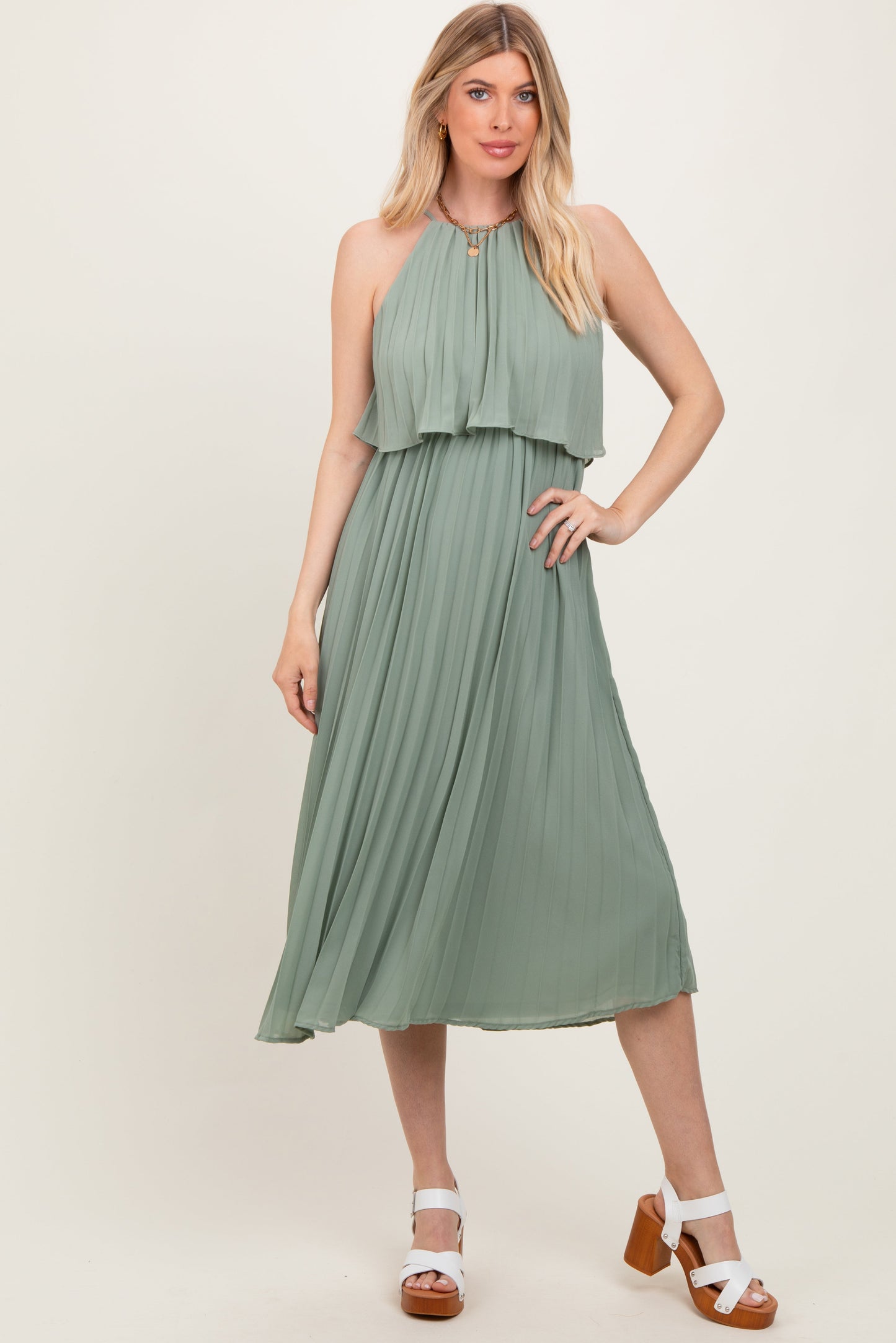 Light Olive Pleated Woven Midi Dress