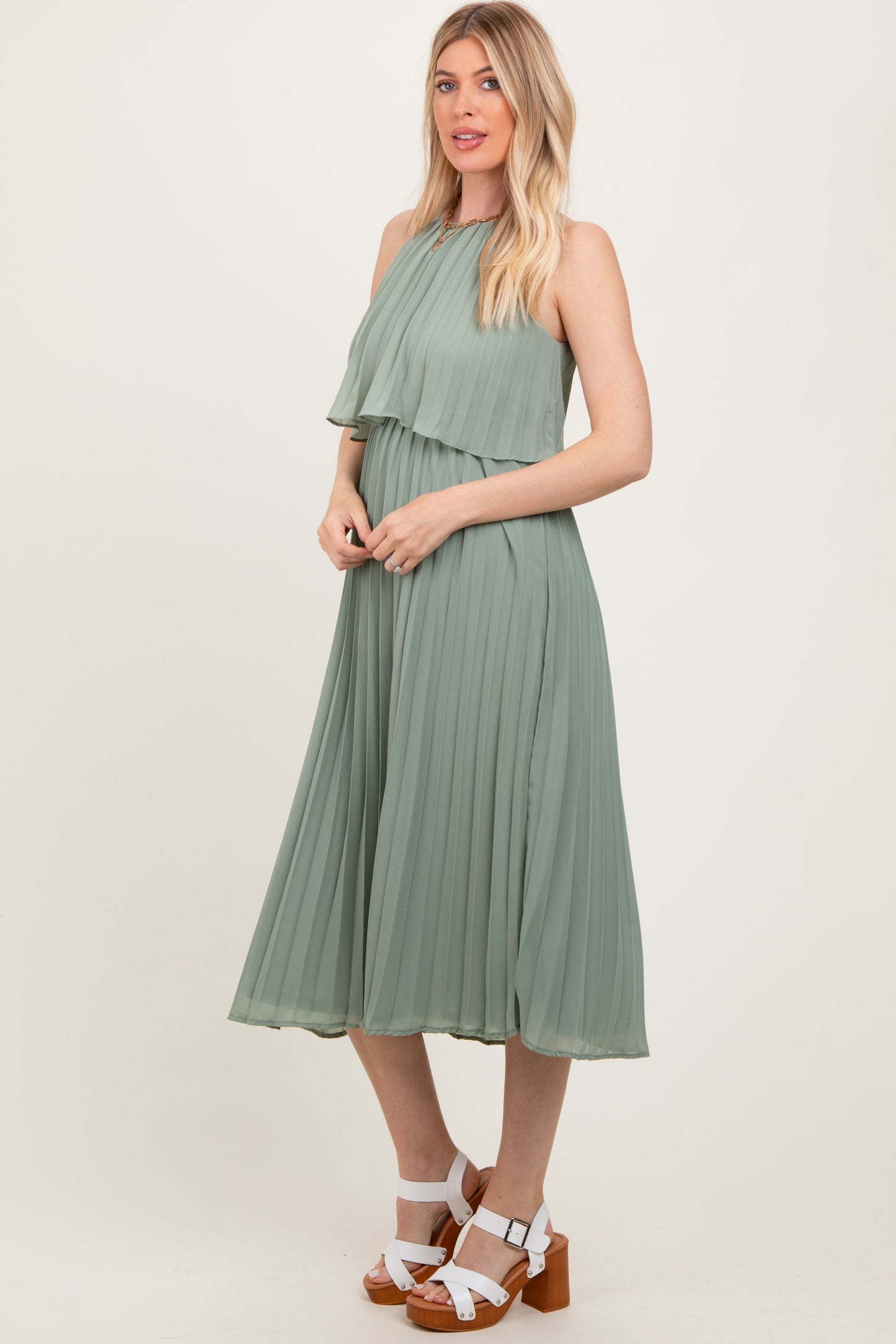 Light Olive Pleated Woven Midi Dress