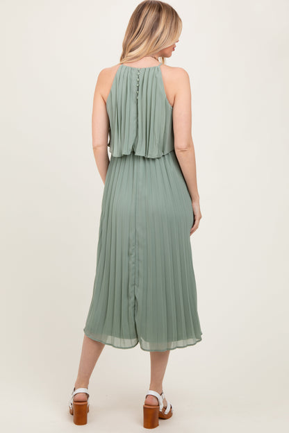 Light Olive Pleated Woven Midi Dress