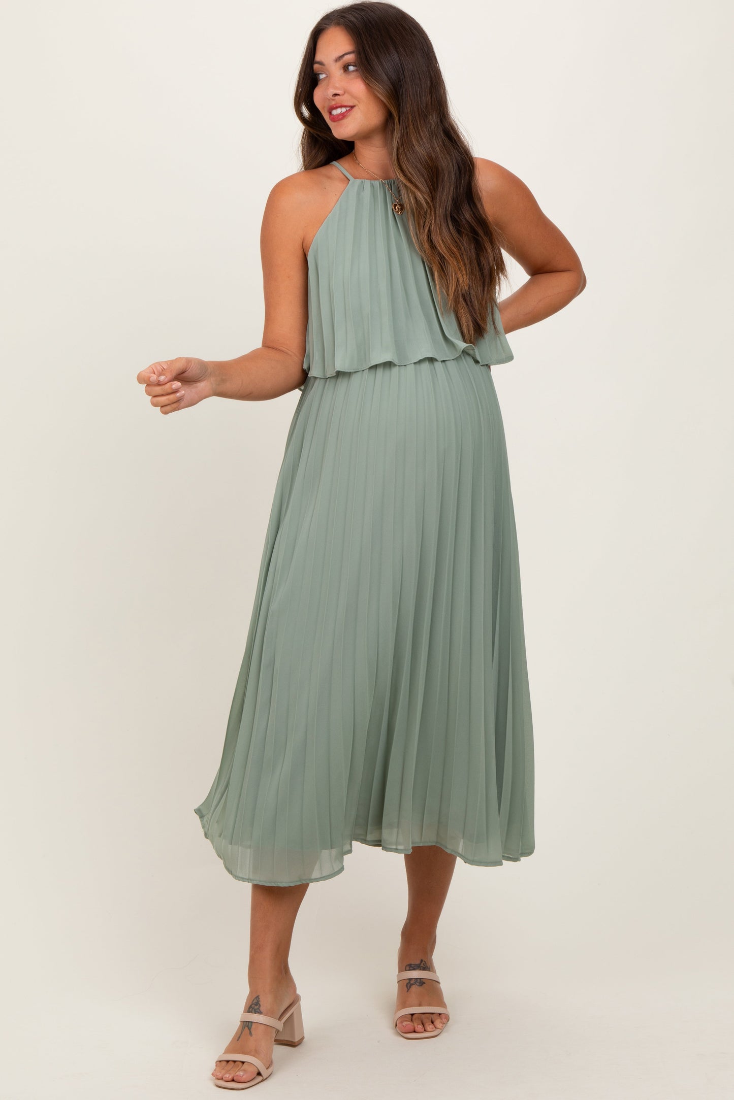 Light Olive Pleated Woven Maternity Midi Dress