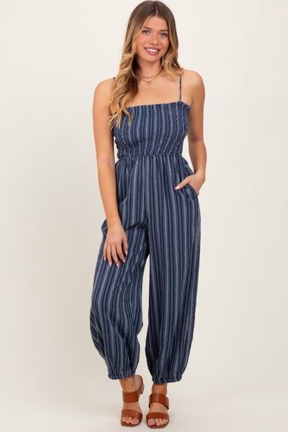 Navy Smocked Striped Balloon Jumpsuit