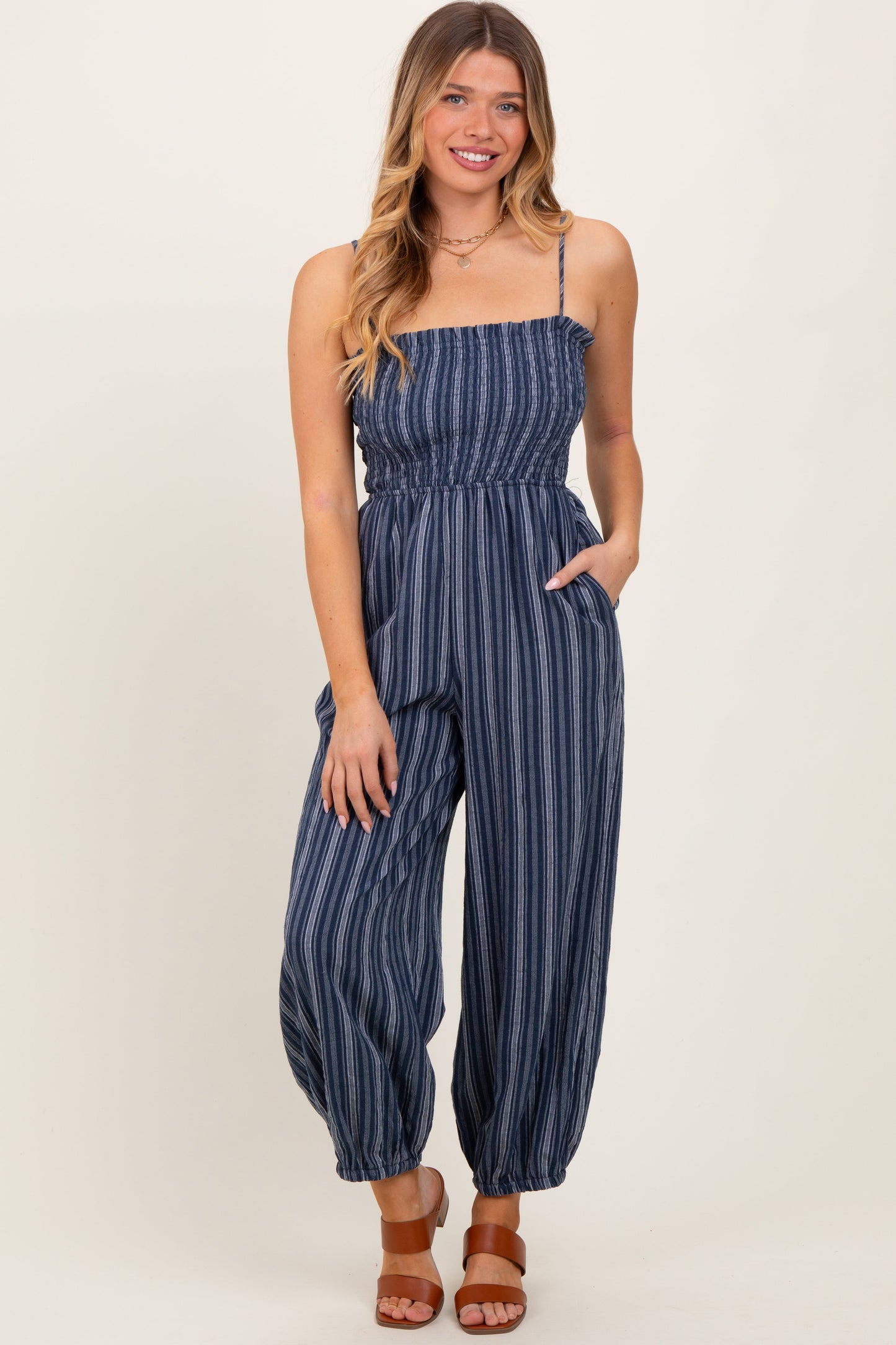 Navy Smocked Striped Balloon Jumpsuit