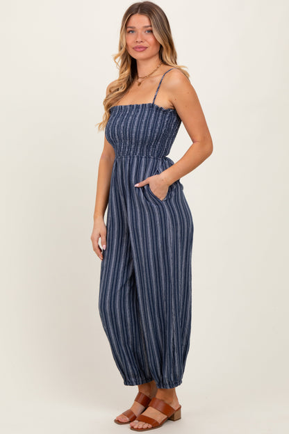Navy Smocked Striped Balloon Jumpsuit