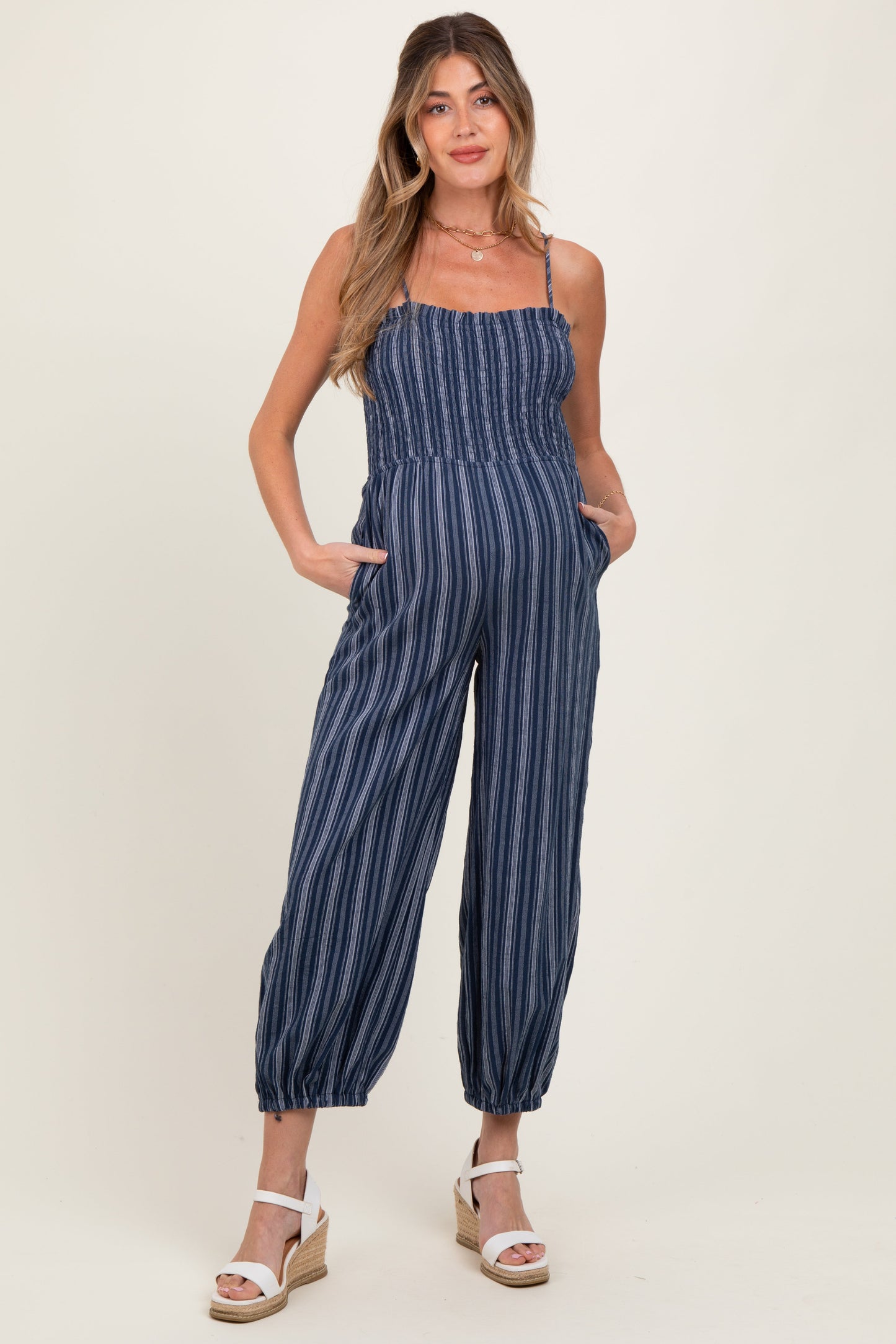 Navy Smocked Striped Balloon Maternity Jumpsuit