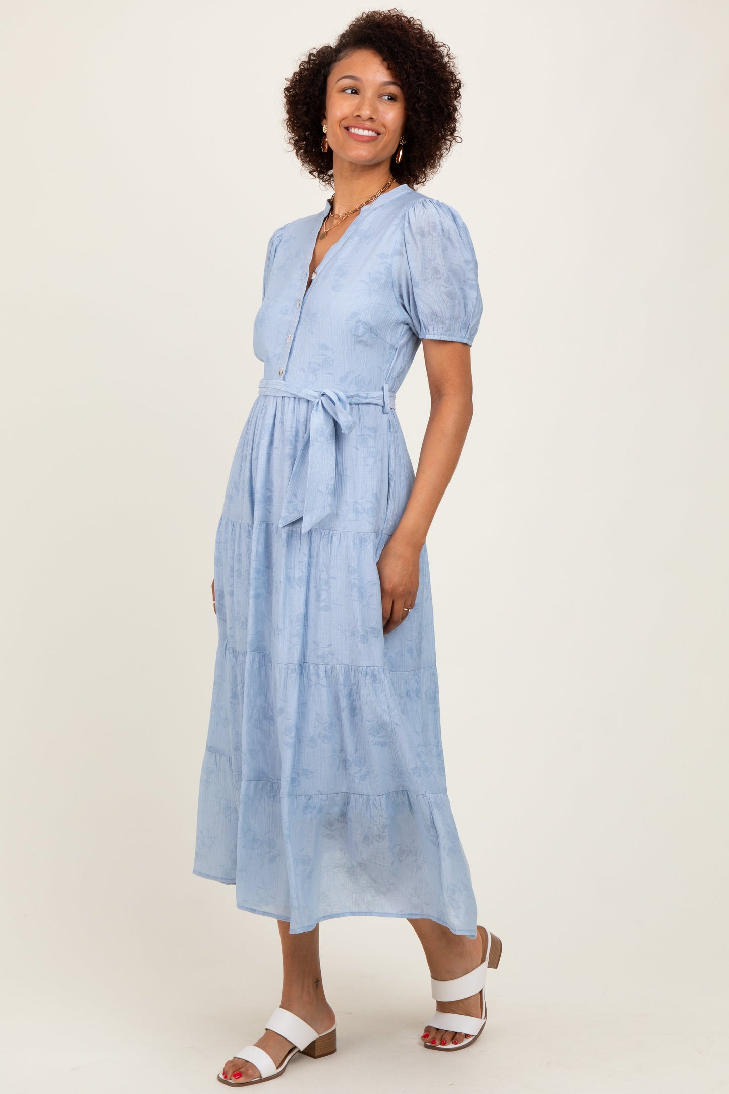 Light Blue Split Neckline Tiered Midi Dress