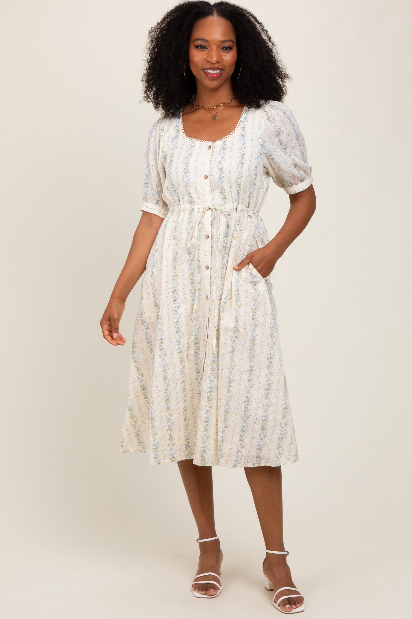 Light Blue Swiss Dot Floral Print Button Down Midi Dress