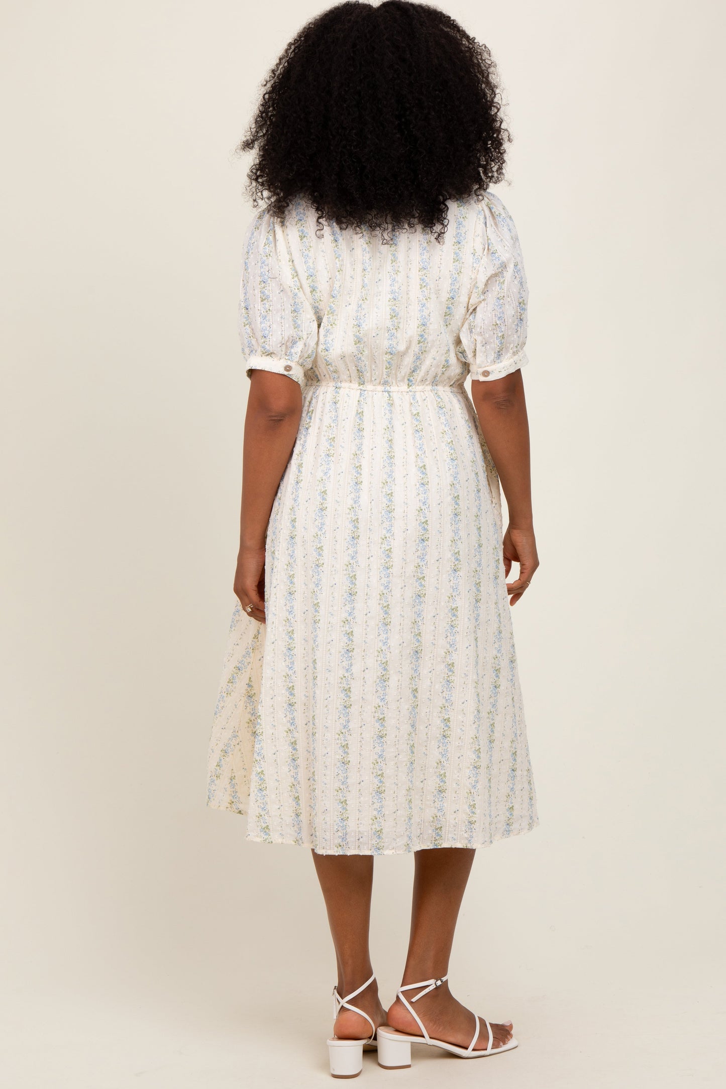 Light Blue Swiss Dot Floral Print Button Down Midi Dress