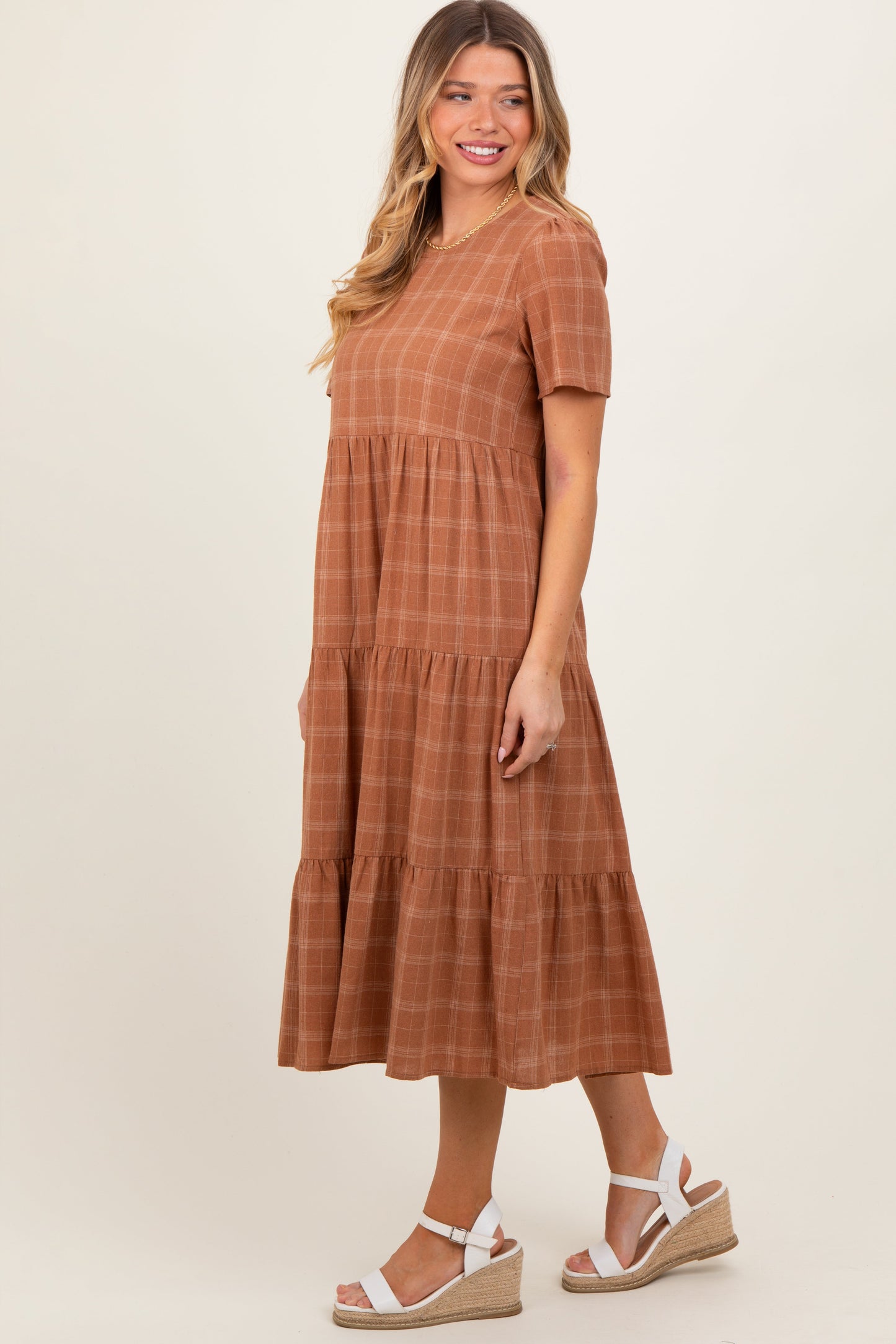 Rust Plaid Tiered Short Sleeve Dress