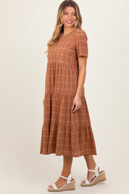 Rust Plaid Tiered Short Sleeve Dress
