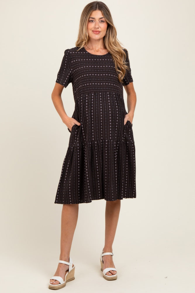 Black Floral Striped Tiered Short Sleeve Maternity Dress