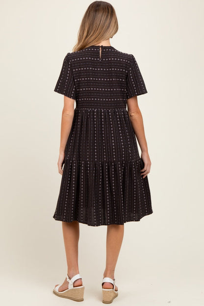 Black Floral Striped Tiered Short Sleeve Maternity Dress