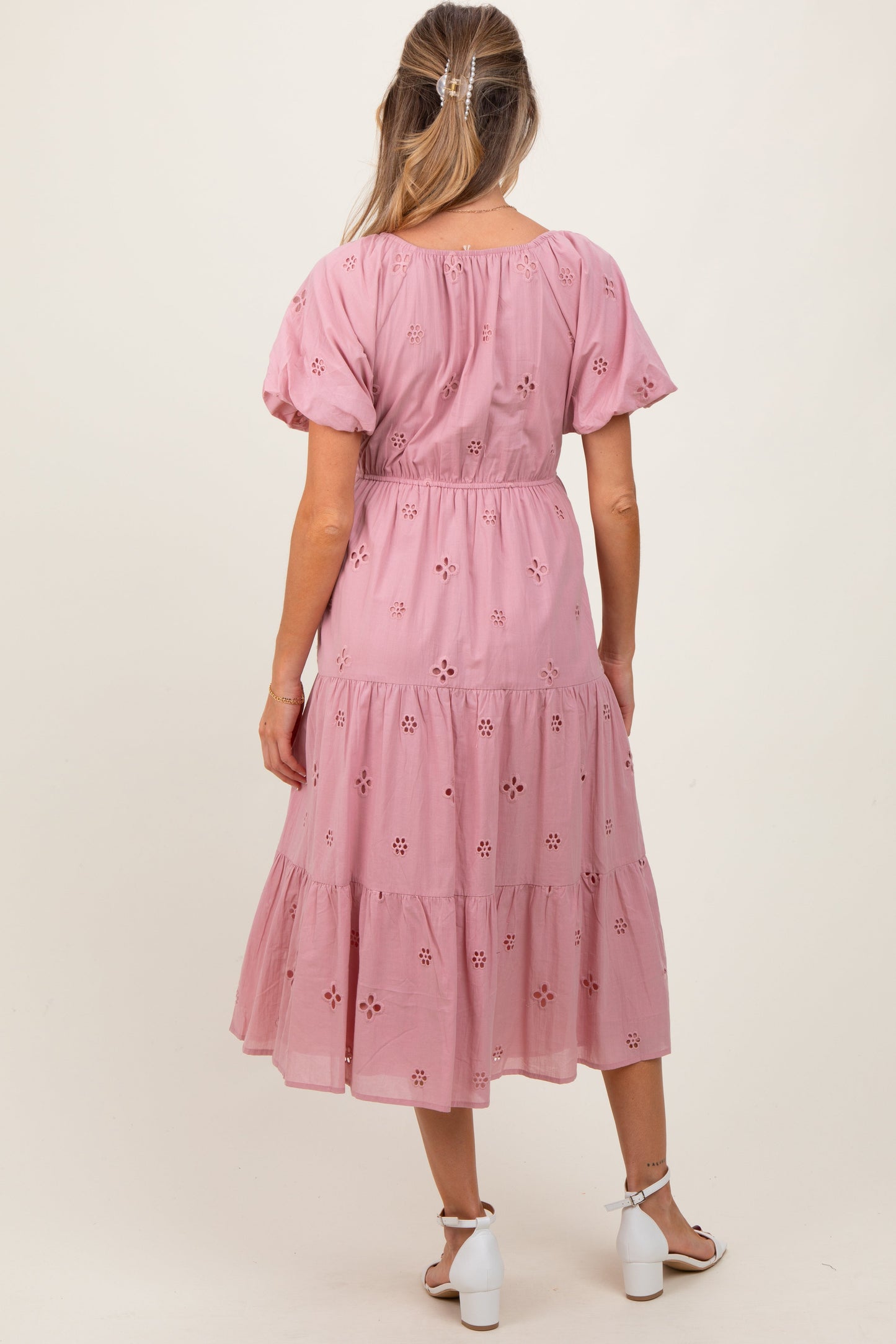 Pink Eyelet Square Neck Maternity Midi Dress