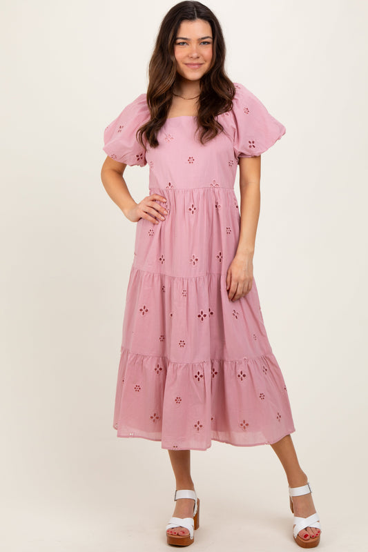 Pink Eyelet Square Neck Midi Dress