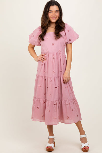 Pink Eyelet Square Neck Maternity Midi Dress