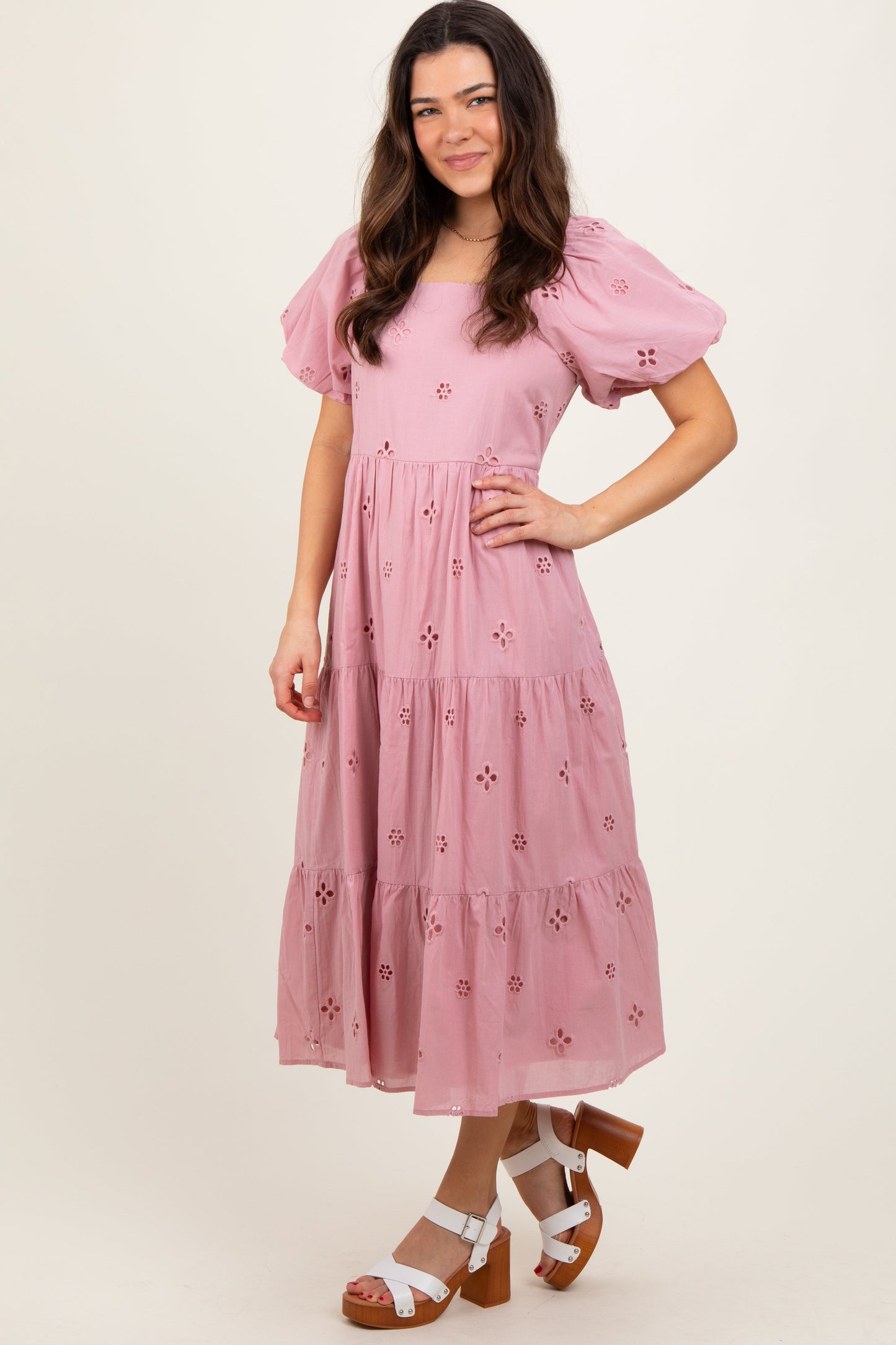 Pink Eyelet Square Neck Midi Dress