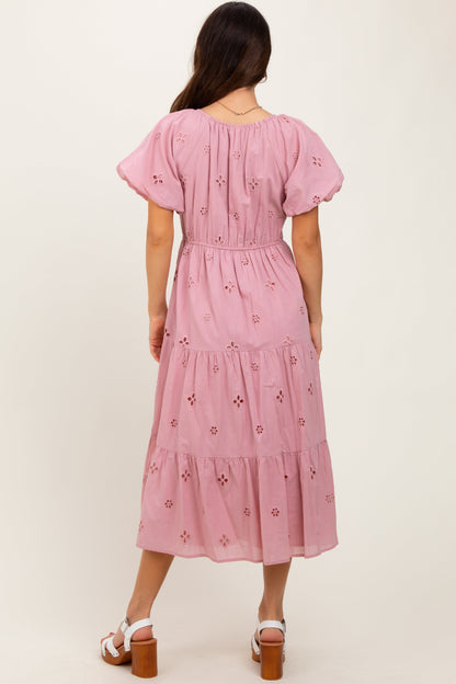 Pink Eyelet Square Neck Midi Dress