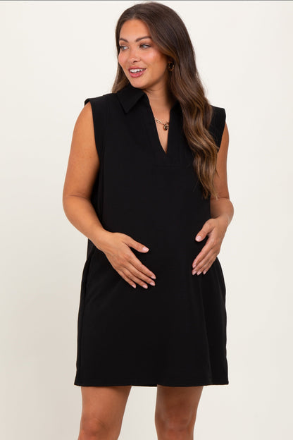 Black Sleeveless Polo Maternity Mini Dress