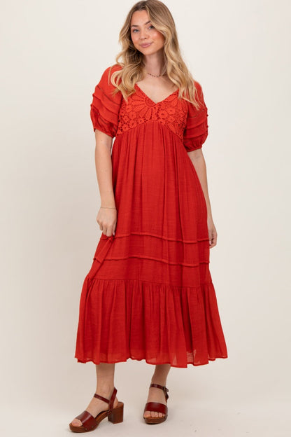 Rust Crochet Detail Bodice Midi Dress