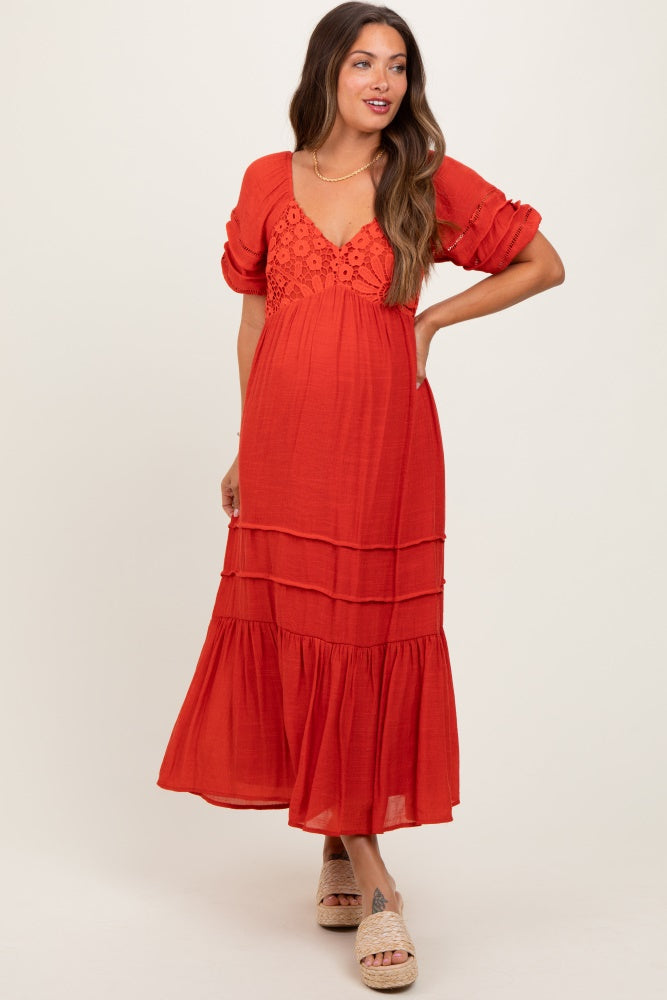 Rust Crochet Detail Bodice Maternity Midi Dress