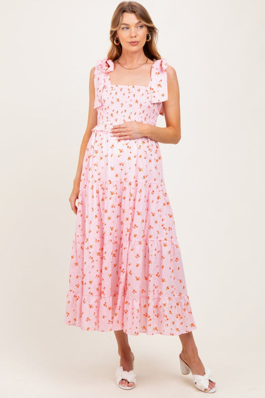 Light Pink Floral Striped Smocked Shoulder Tie Maternity Maxi Dress