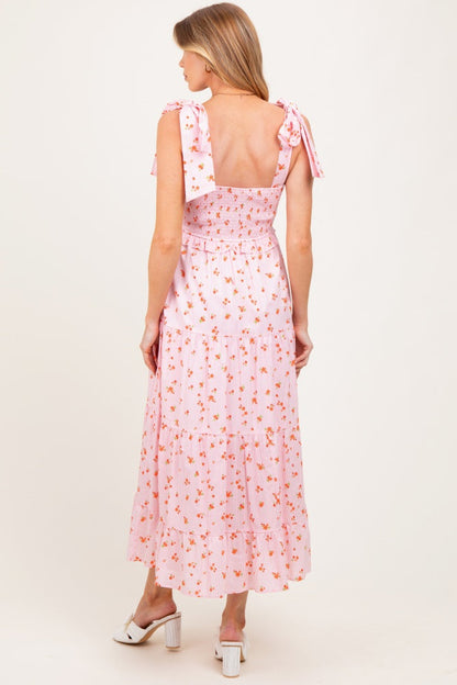Light Pink Floral Striped Smocked Shoulder Tie Maternity Maxi Dress