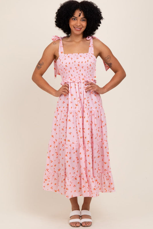 Light Pink Floral Striped Smocked Shoulder Tie Maxi Dress