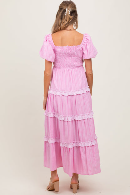 Pink Smocked Ruffle Tiered Puff Sleeve Maternity Maxi Dress