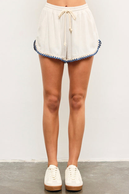 Cream Linen Blend Crochet Trim Drawstring Shorts