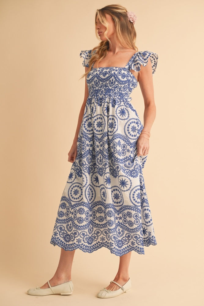 Light Navy Embroidered Smocked Cutout Midi Dress
