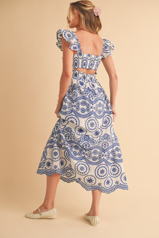 Light Navy Embroidered Smocked Cutout Midi Dress