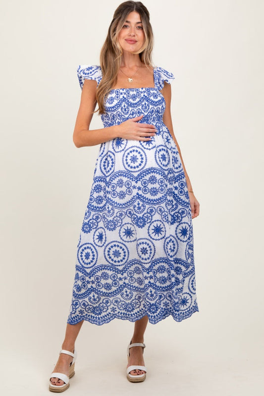 Light Navy Embroidered Smocked Cutout Maternity Midi Dress