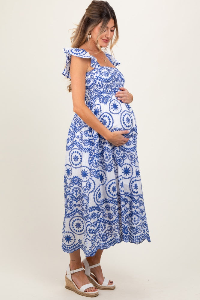 Light Navy Embroidered Smocked Cutout Maternity Midi Dress