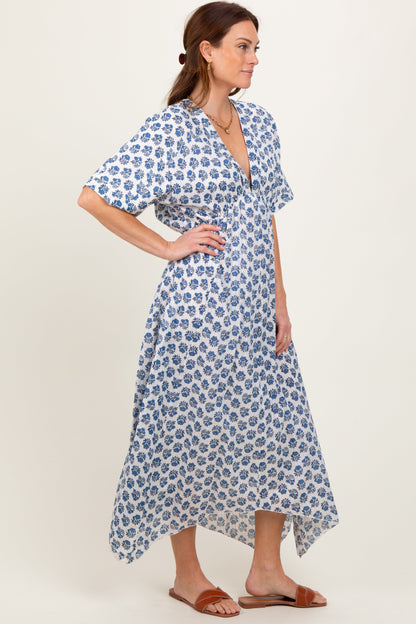 Navy Floral Deep V-Neck Handkerchief Hem Maxi Dress