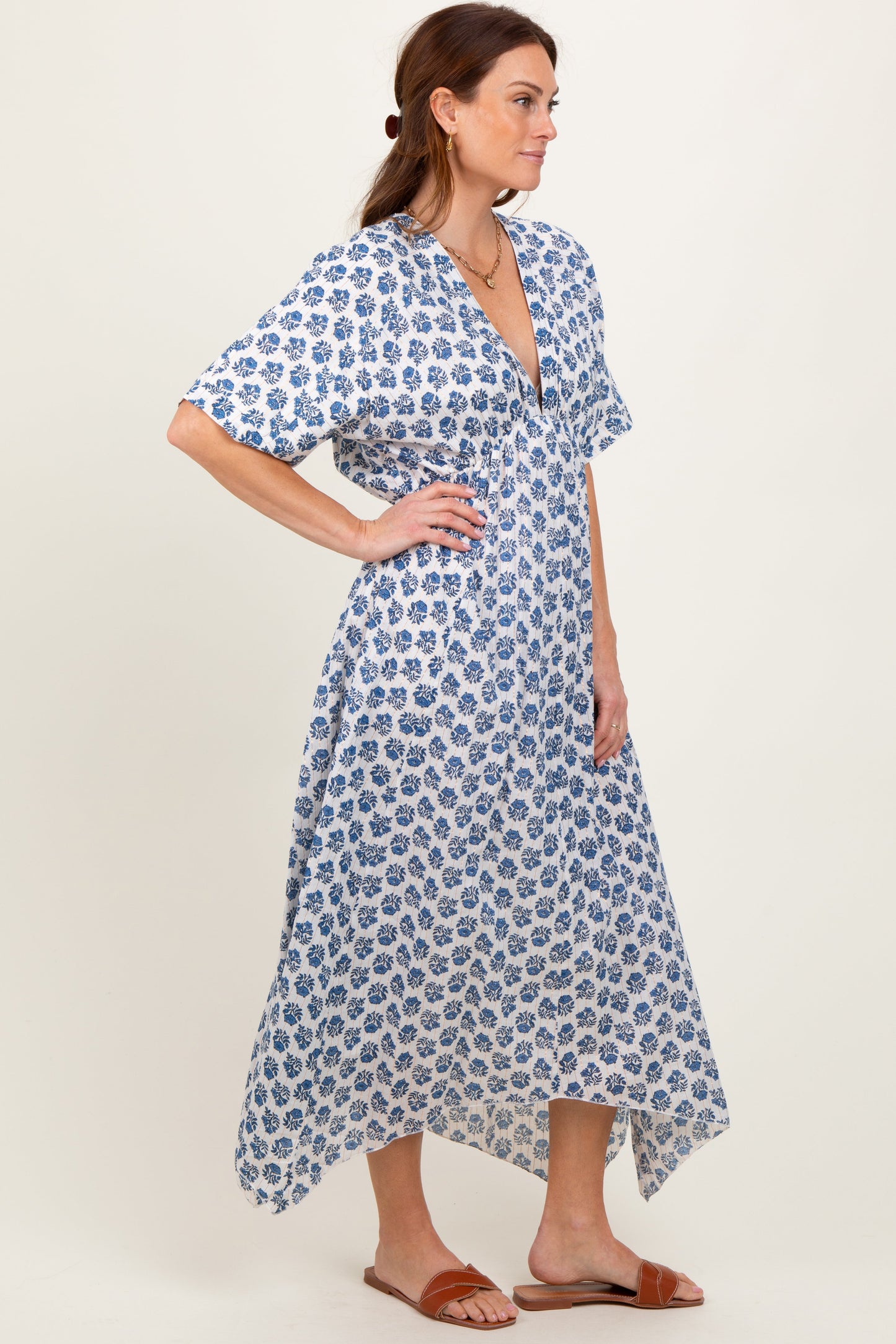 Navy Floral Deep V-Neck Handkerchief Hem Maxi Dress